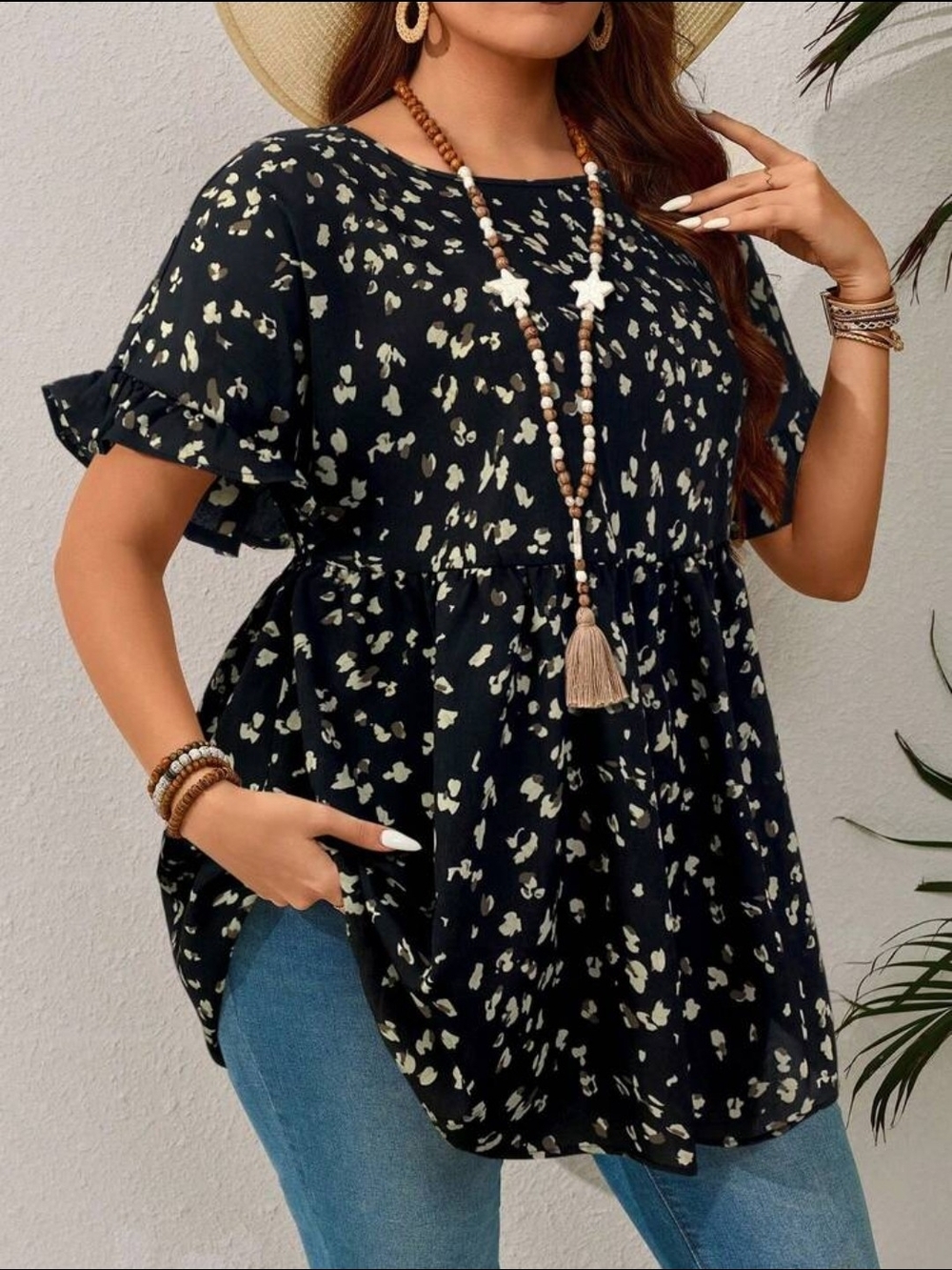 Shein Curve Black Abstract Print Flutter Sleeve Babydoll Blouse 6X US 24/26 Plus - Picture 3 of 8
